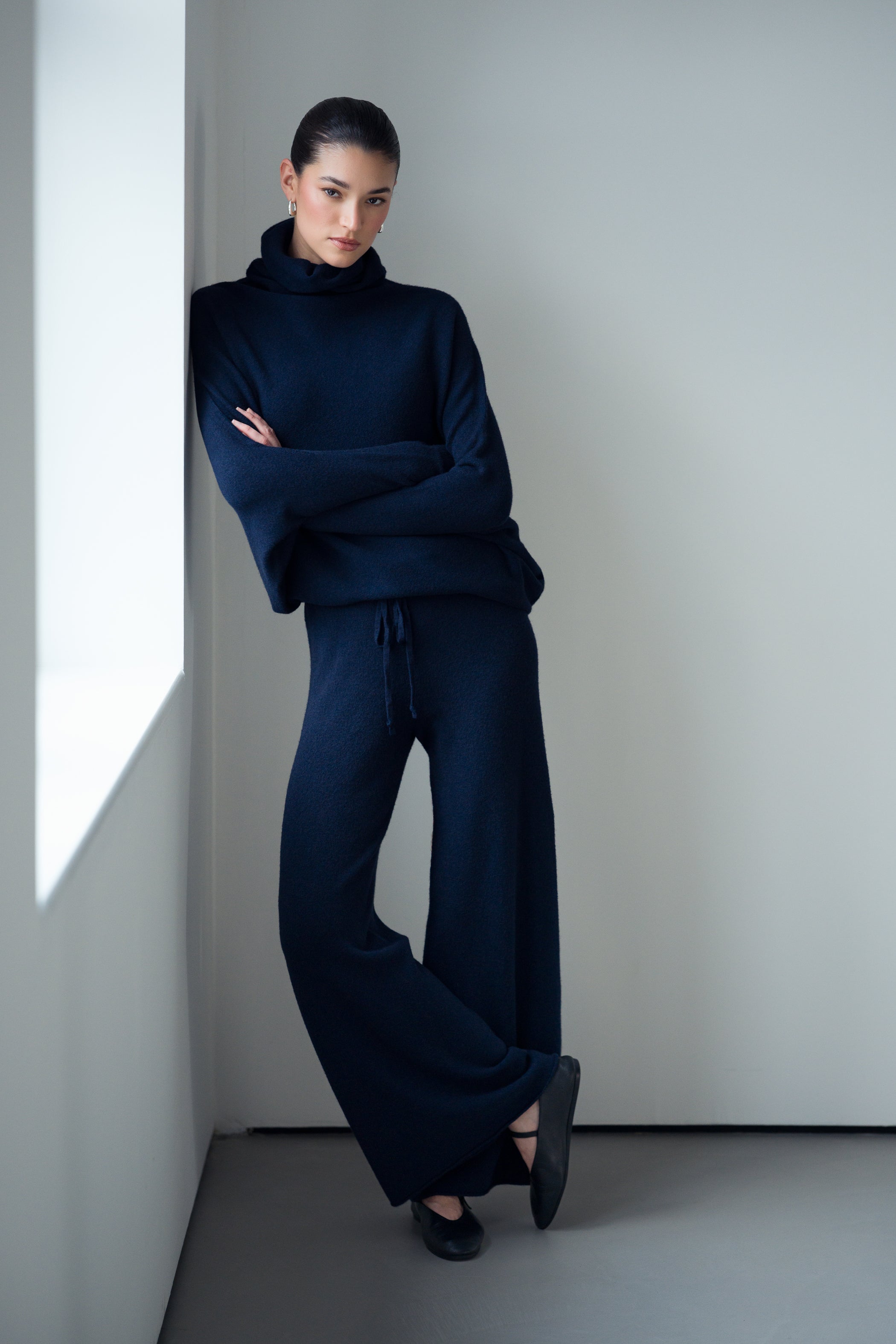 Asymmetric Draped Roll Neck | Navy | Seamless Knit