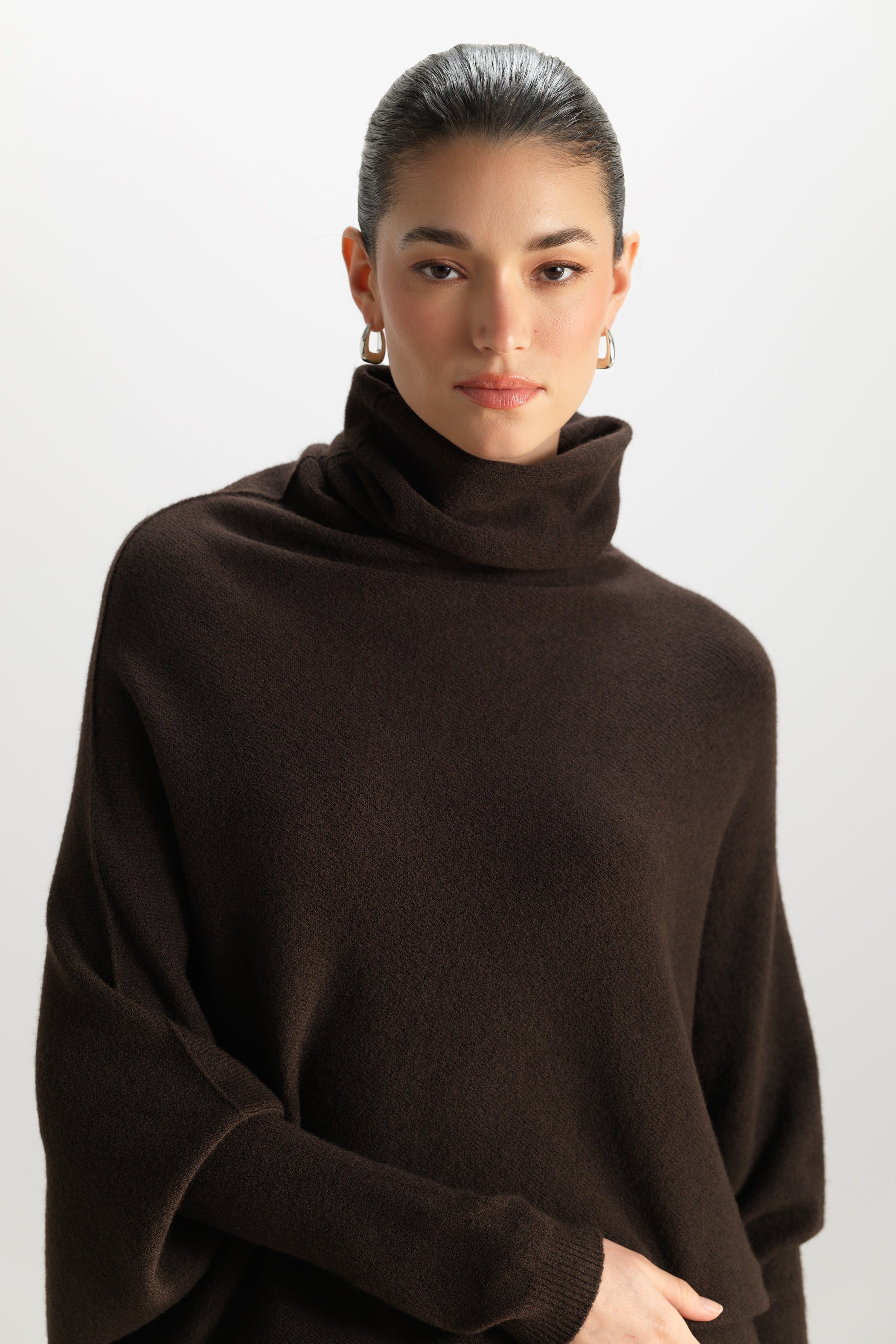 Asymmetric Draped Roll Neck | Espresso Brown | Seamless Knit