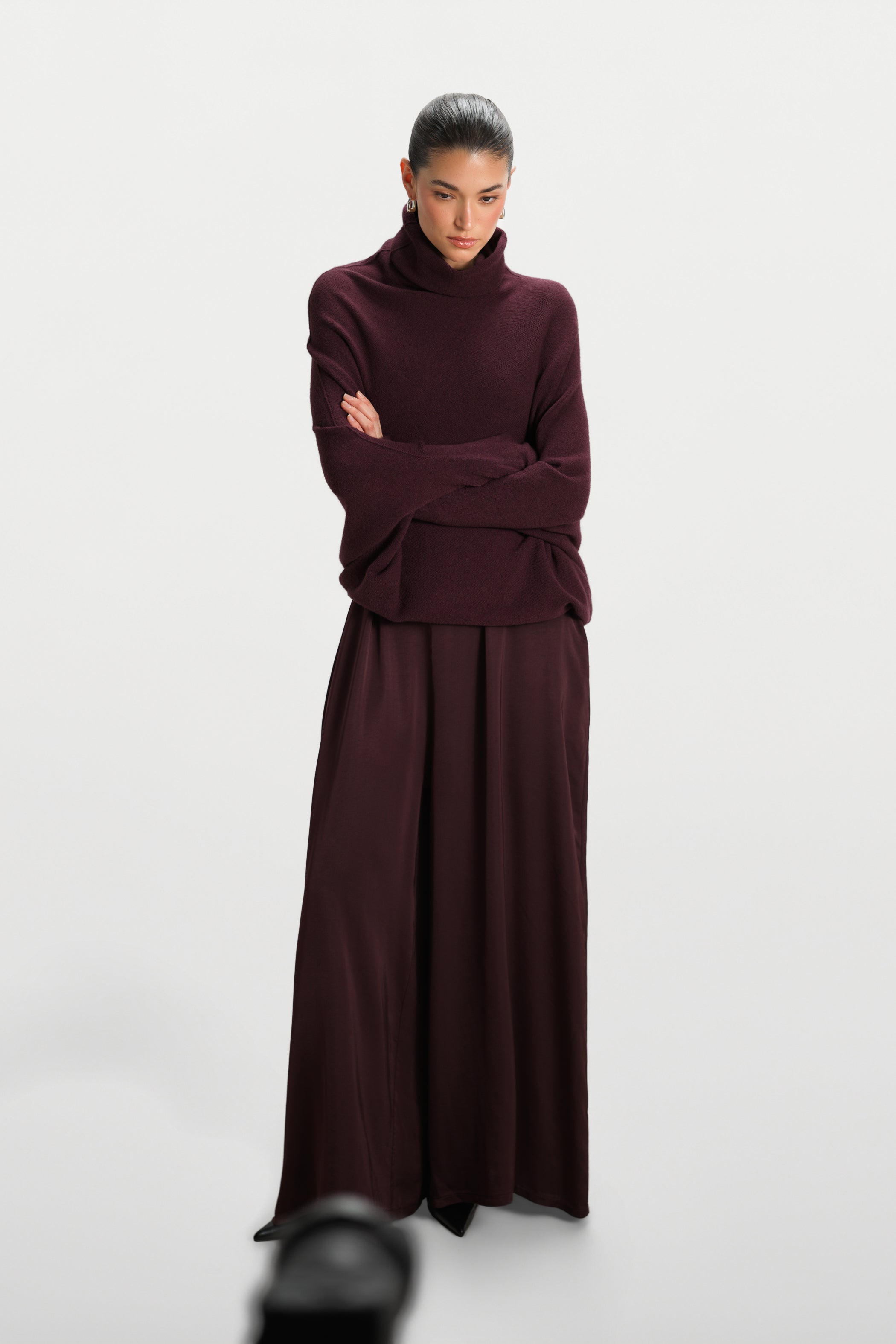 Asymmetric Draped Roll Neck | Amethyst Plum | Seamless Knit