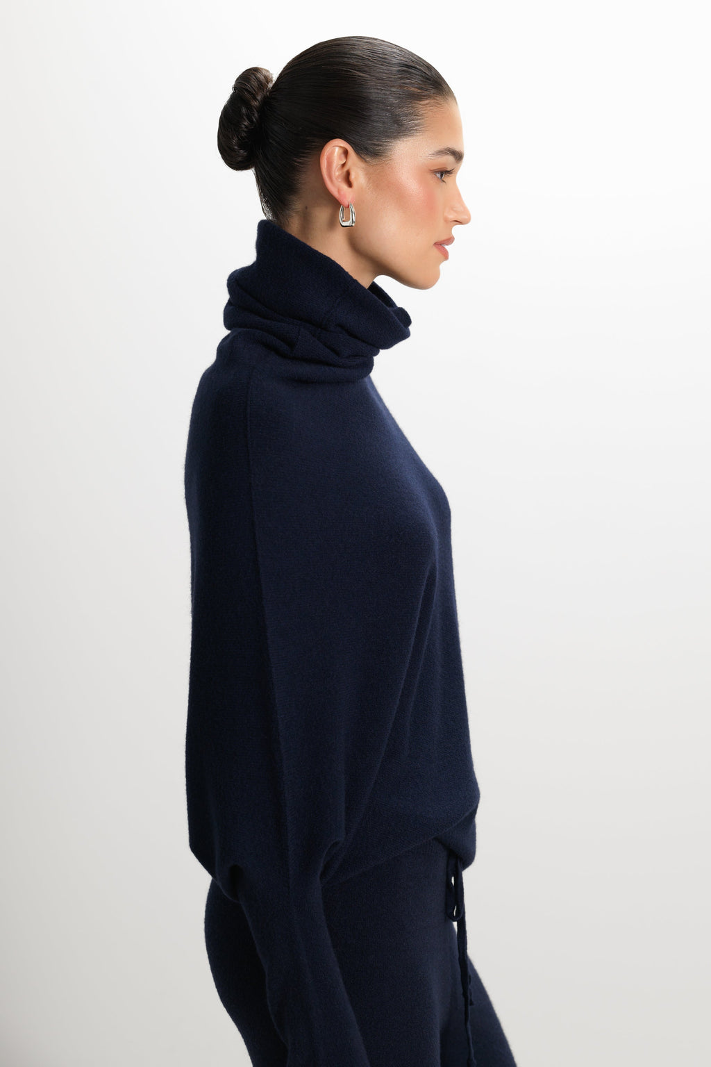 Asymmetric Draped Roll Neck | Navy | Seamless Knit