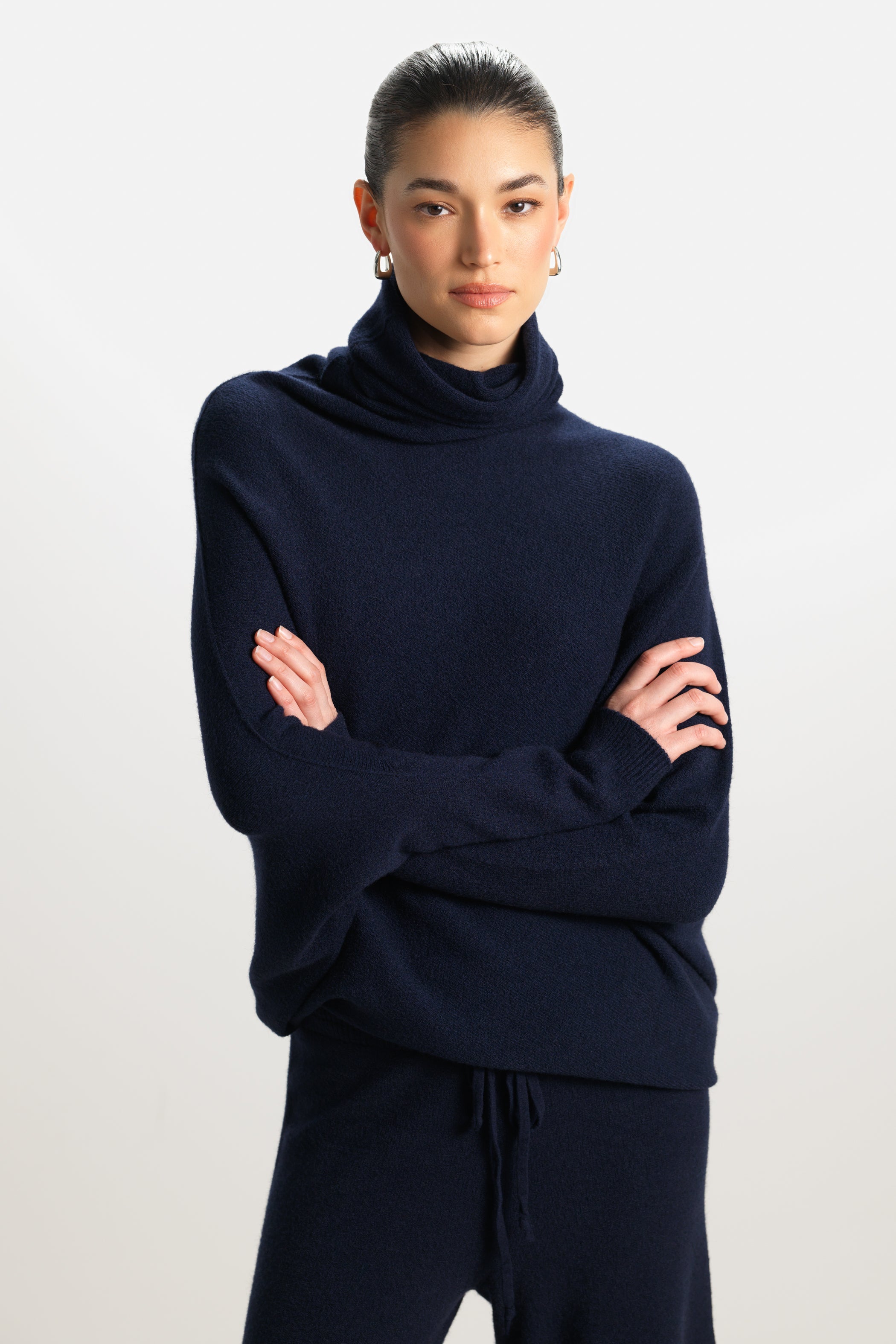 Asymmetric Draped Roll Neck | Navy | Seamless Knit