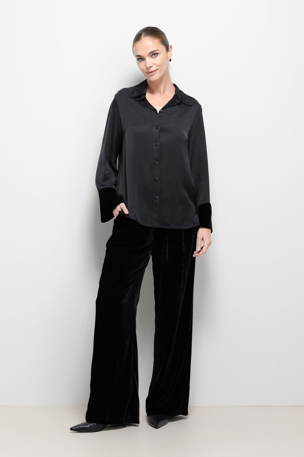 Caroline Velvet Cuff Shirt | Black