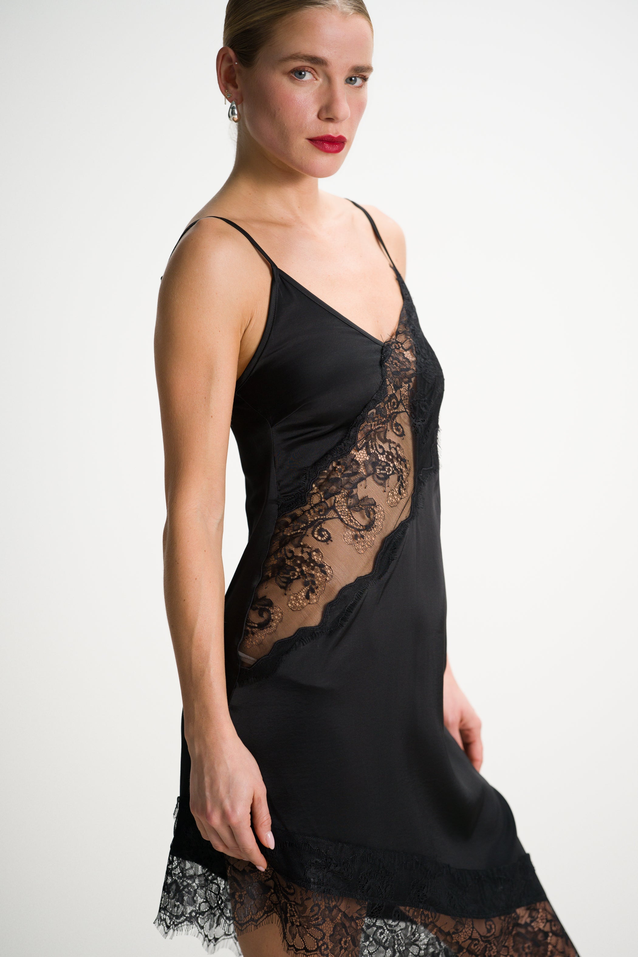 Isobel Asymmetric Lace Satin Dress | Black